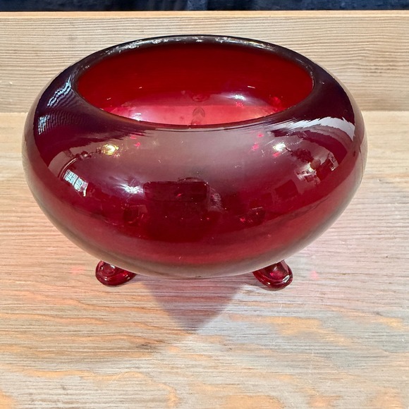 Vintage Ruby Red Glass Rose Bowl Tripod Footed Round Vase Mid Century Modern - Picture 5 of 6